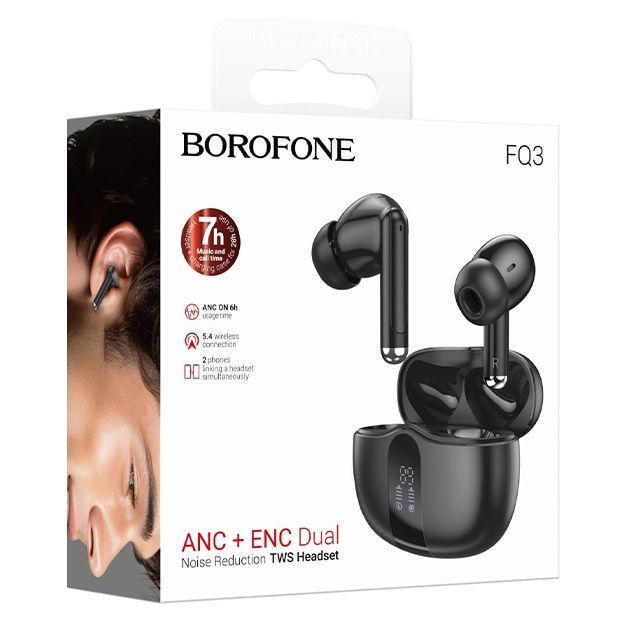 Caja de auriculares inalámbricos Borofone F03 negros con ANC y ENC, que muestra los auriculares y el estuche de carga.