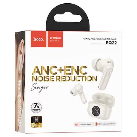 Caja de auriculares blancos Hoco EQ22 con reducción de ruido ANC+ENC.
