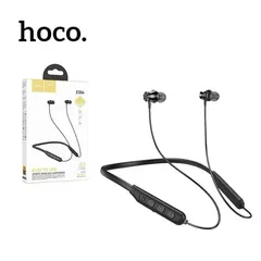 Auriculares Bluetooth con banda para el cuello de color negro Hoco, con botones de control y embalaje.