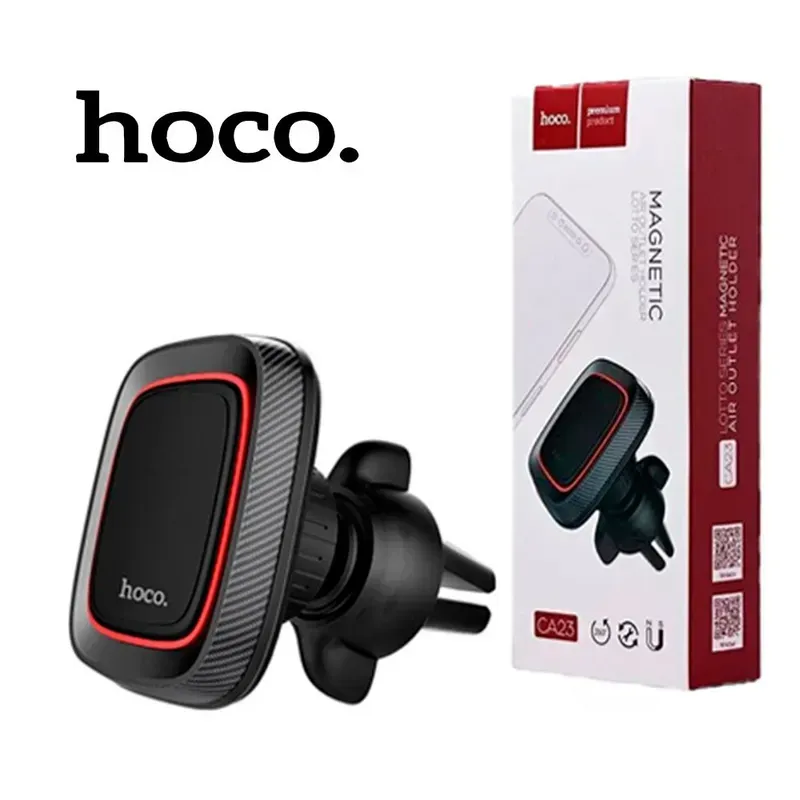 Soporte magnético para teléfono para automóvil Hoco, de color negro y rojo, con empaque, mostrado sobre un fondo blanco.