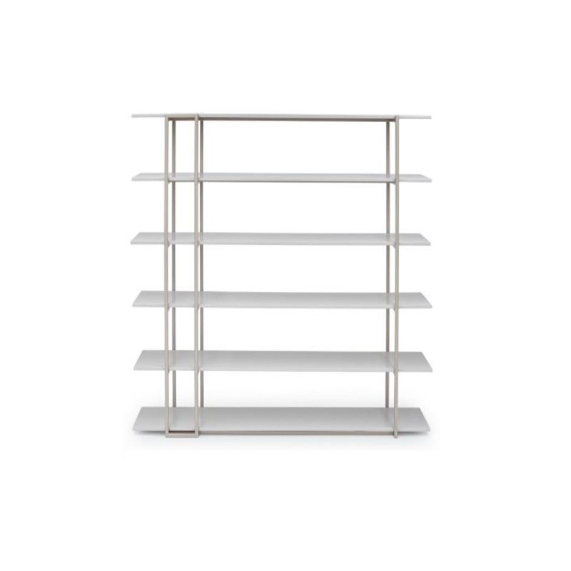 Estante de metal cinza claro com seis prateleiras.