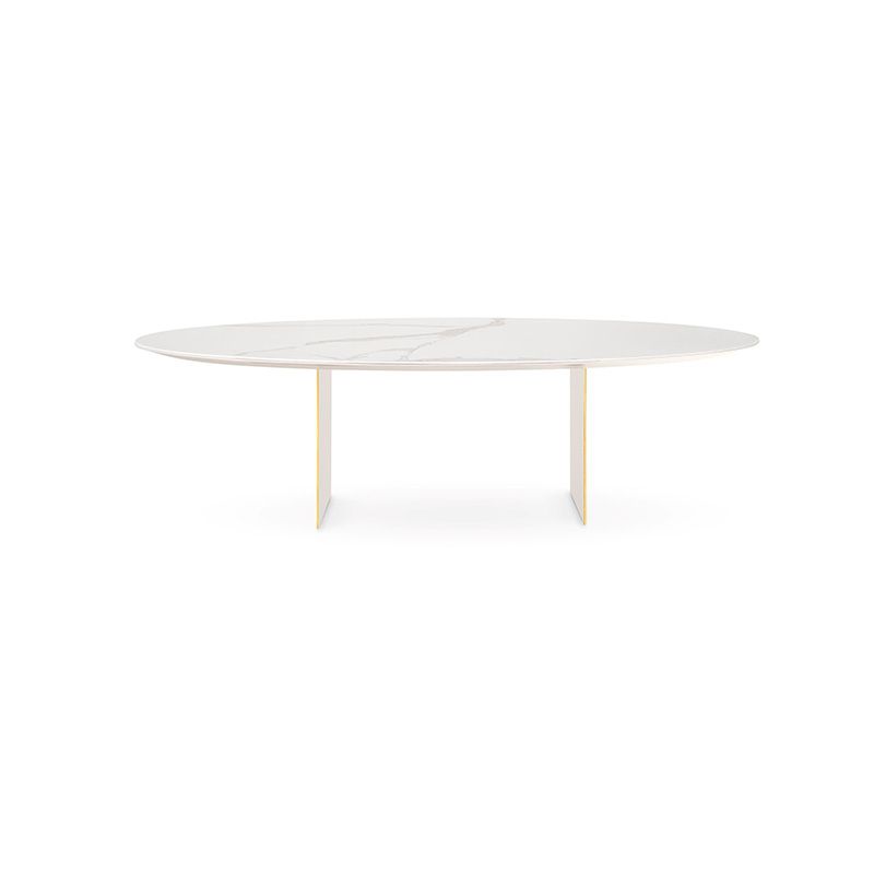 Mesa de jantar oval de mármore com duas pernas de pedestal, sobre um fundo branco.