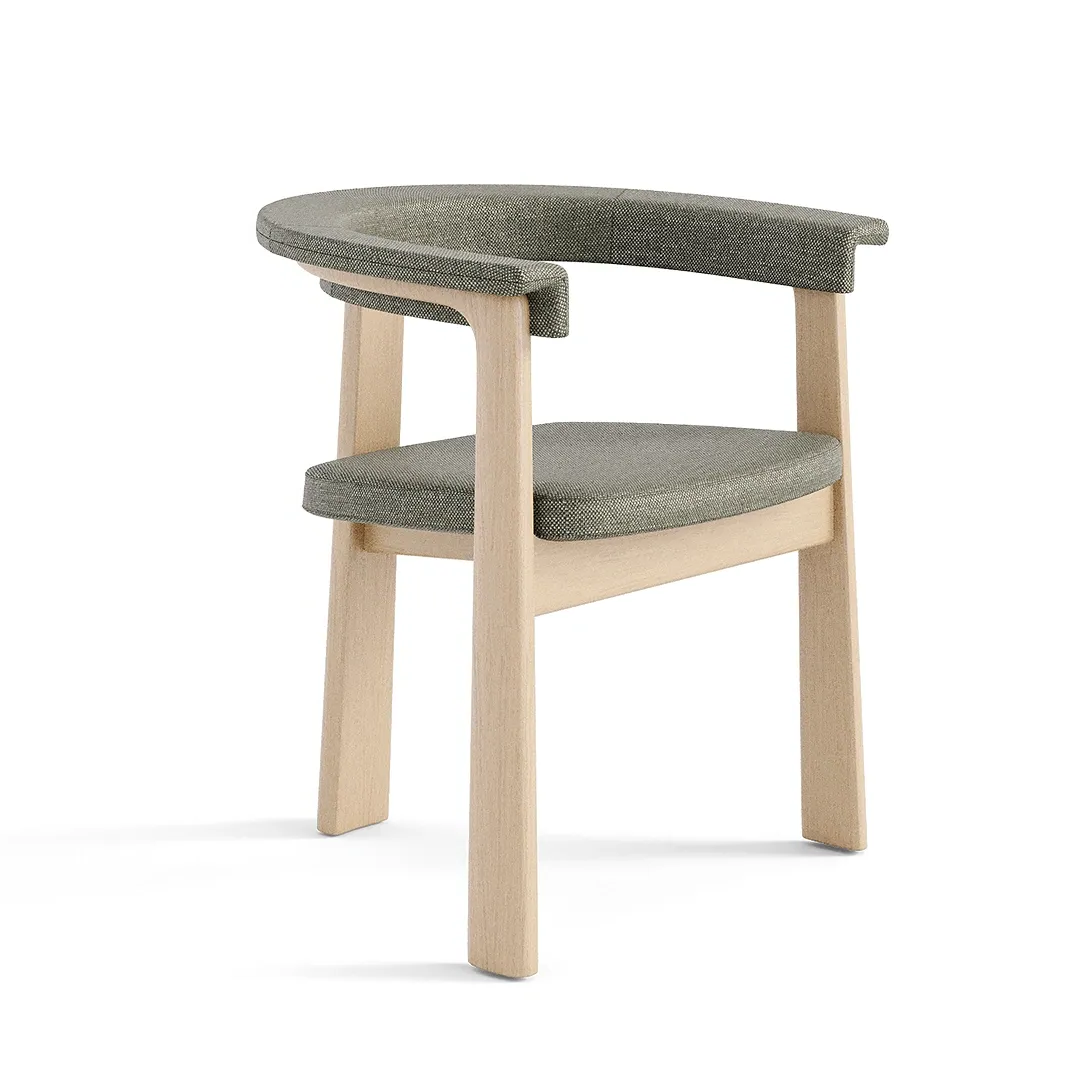 Cadeira de madeira clara com assento redondo estofado e encosto retangular.