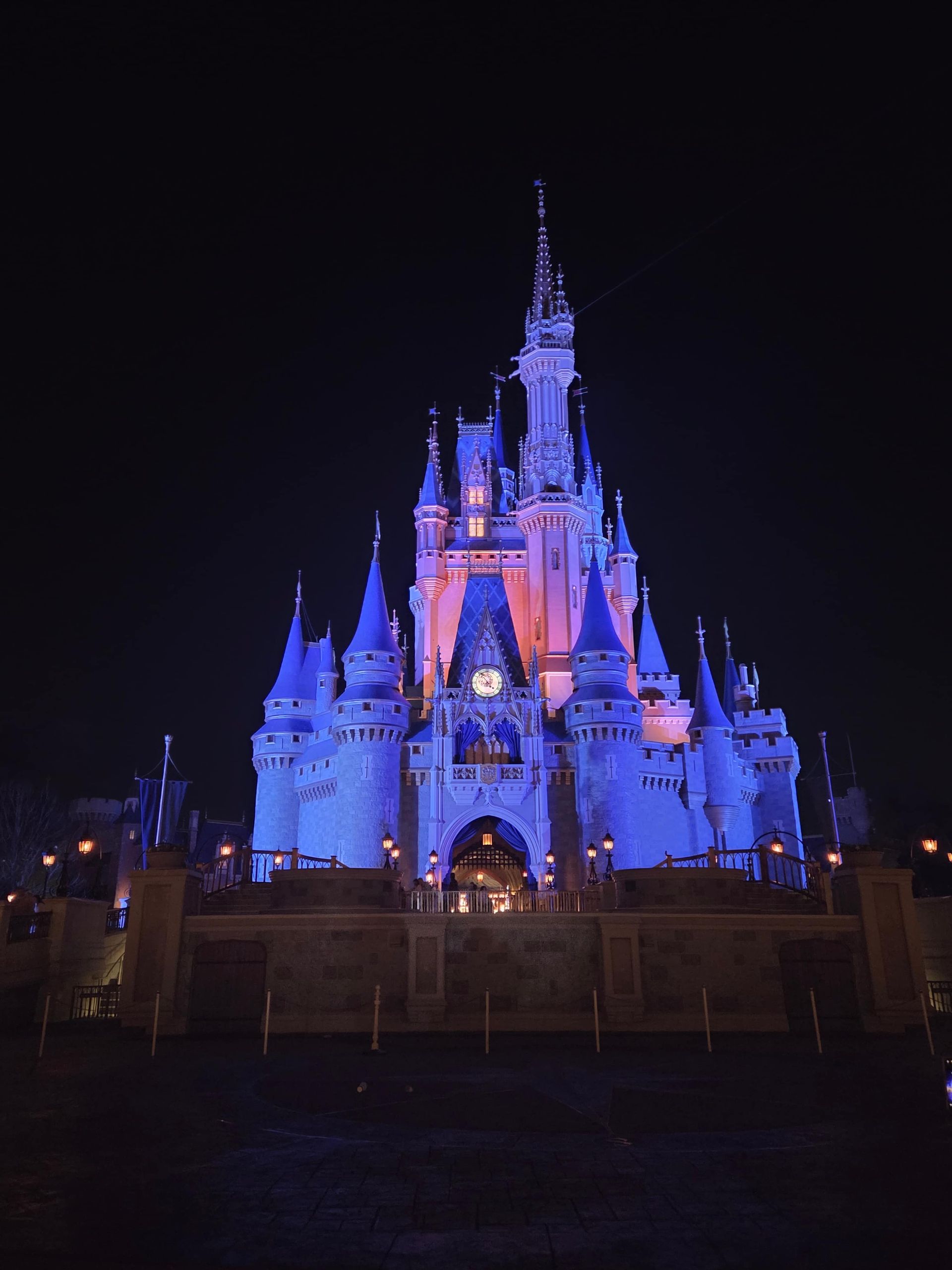 Illuminated Disney castle at night, glowing blue and pink against a dark sky