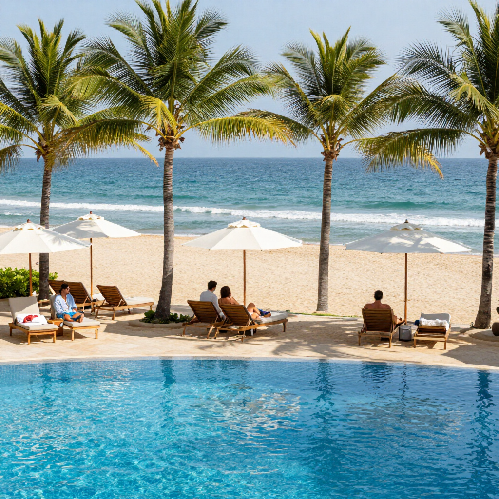 Resort pool with palm trees, lounge chairs, umbrellas, and ocean waves beyond the beach