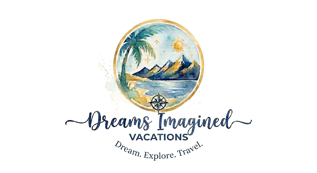 Dreams Imagine Vacations logo with tropical beach scene and palm tree, &ldquo;Relax. Explore. Travel.&rdquo;