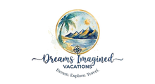 Dreams Imagine Vacations logo with tropical beach scene and palm tree, &ldquo;Relax. Explore. Travel.&rdquo;