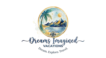 Dreams Imagine Vacations logo with tropical beach scene and palm tree, &ldquo;Relax. Explore. Travel.&rdquo;