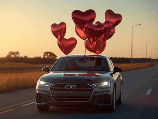 Audi sedan driving at sunset with red heart balloons tied to the roof on an open road.