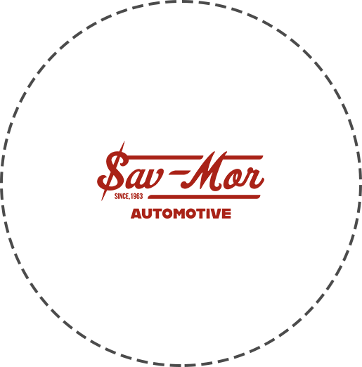 Sav-Mor Logo in White Circle with Black Dotted Lines Around It