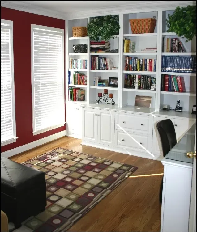 A room with lots of books on shelves and a rug
