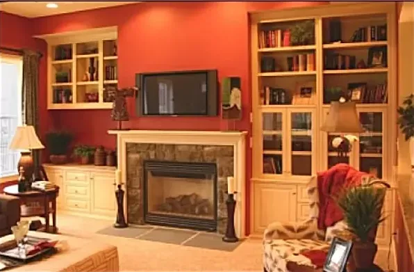 A living room with a fireplace and a flat screen tv