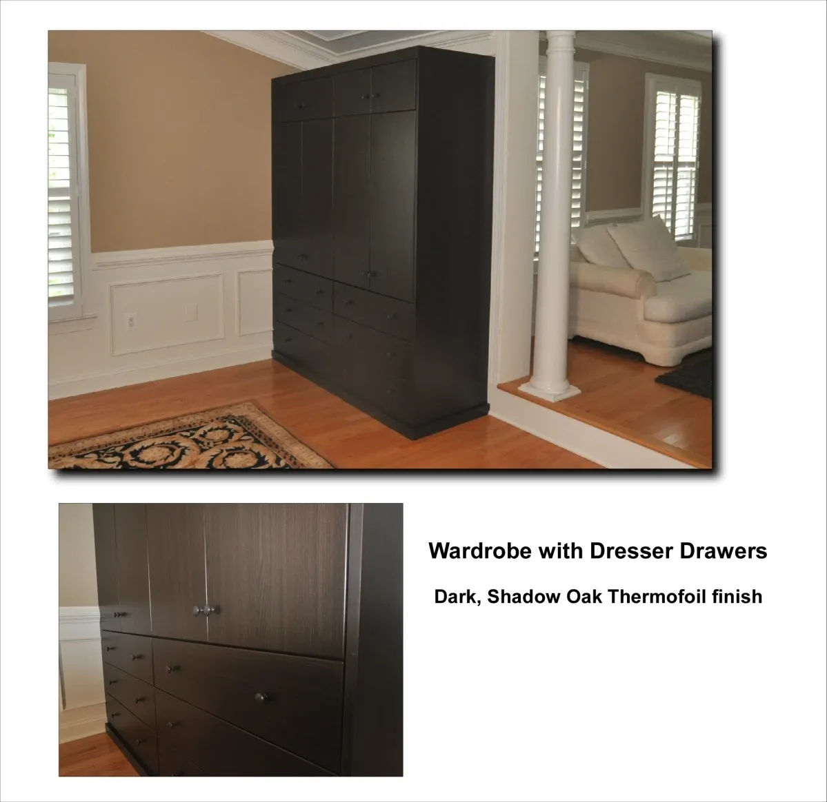 A picture of a wardrobe with dresser drawers dark shadow coat thermofoil finish
