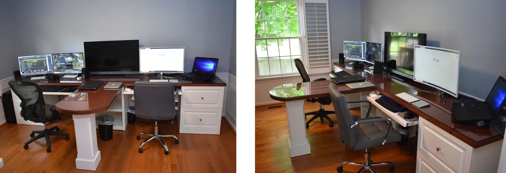 Two pictures of a room with a lot of computers on the desks