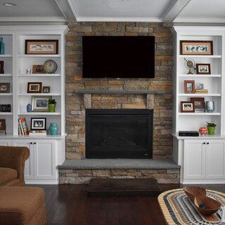 A living room with a fireplace and a flat screen tv