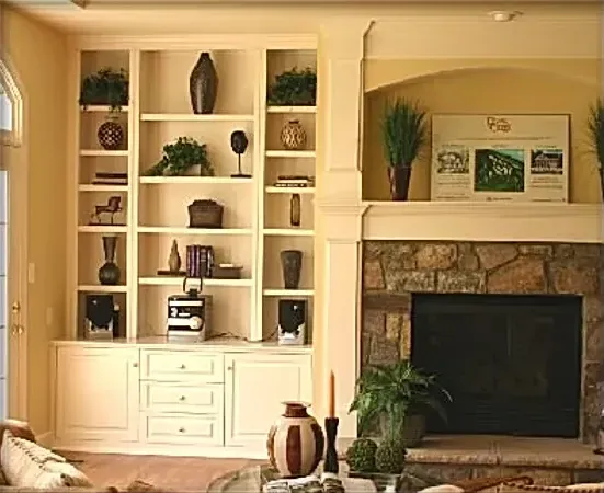 A living room with a fireplace and built in shelves