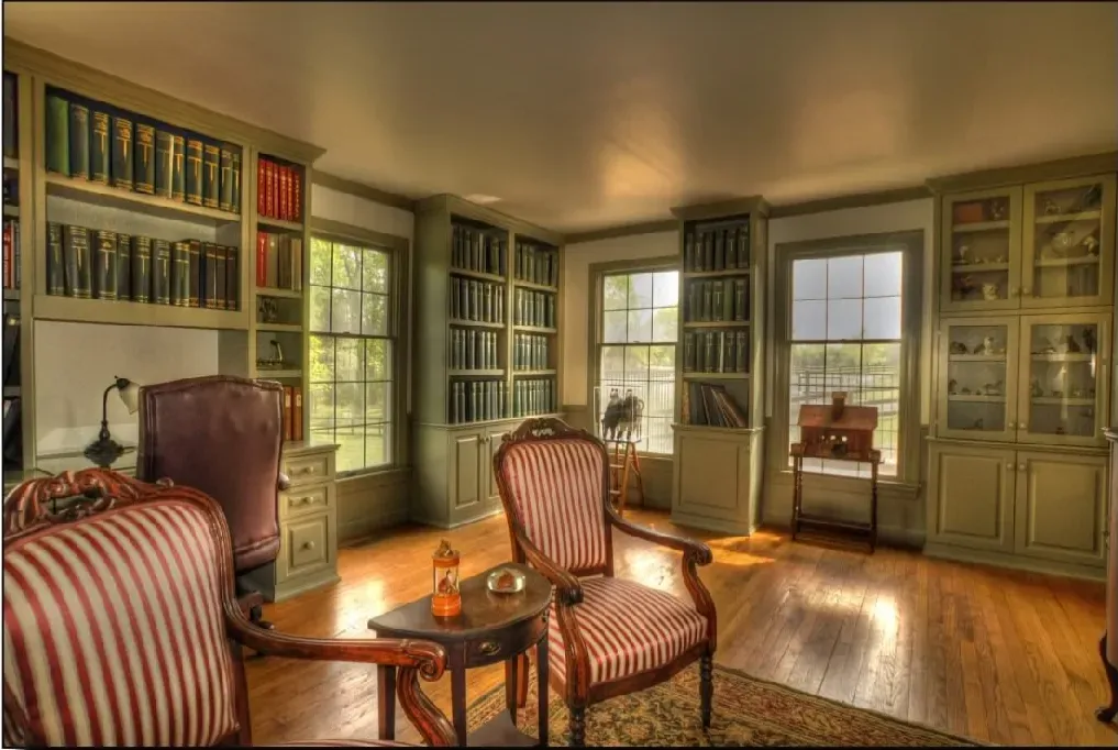 A living room filled with furniture and bookshelves