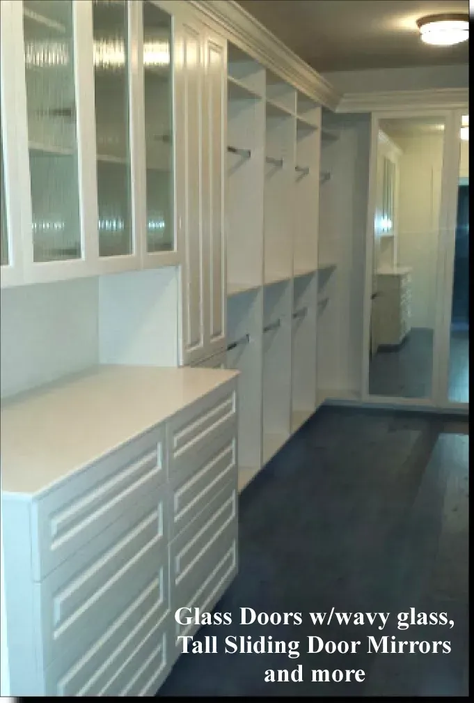 A picture of a closet with the words glass doors wavy glass tall sliding door mirrors and more