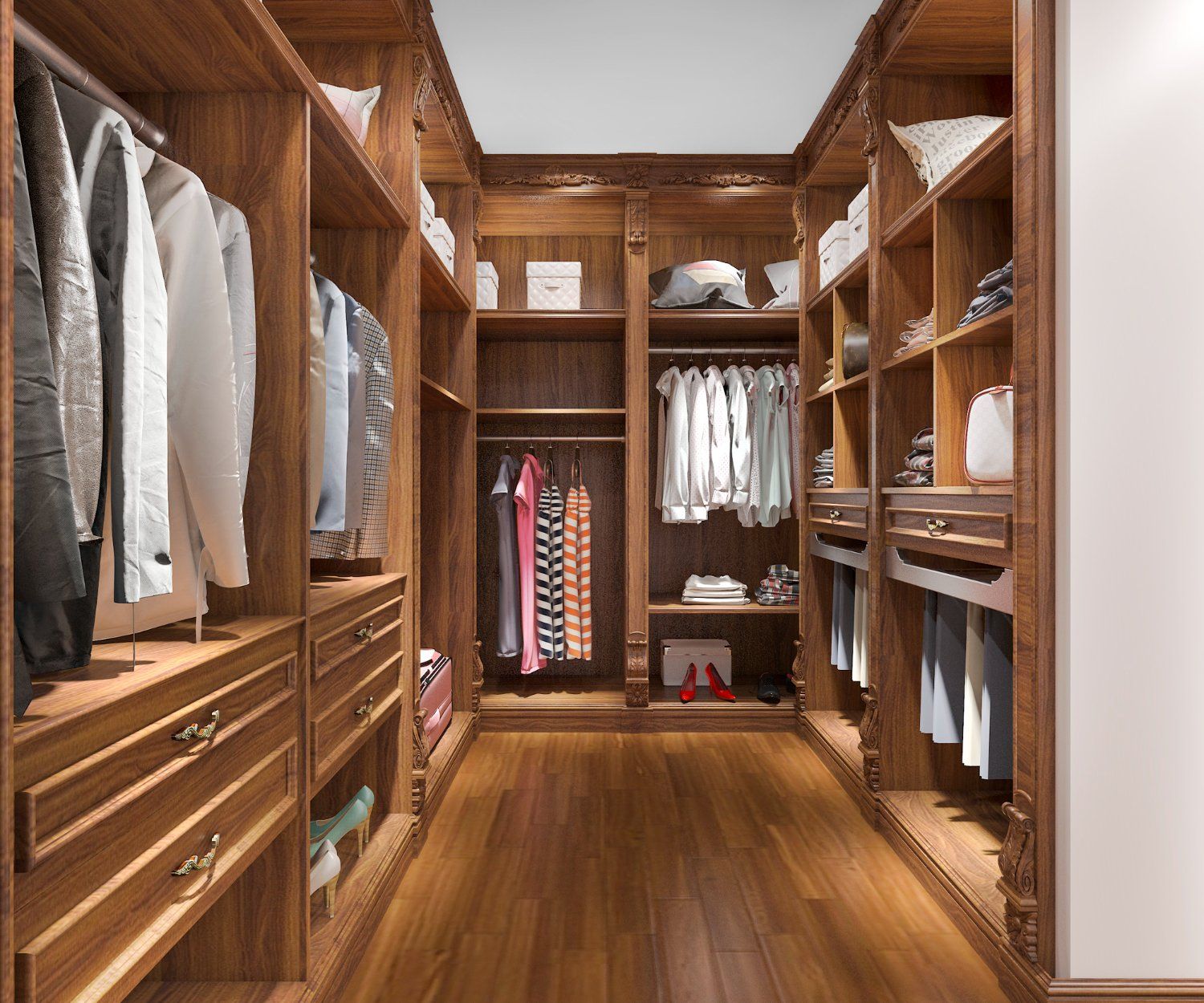 A walk in closet with wooden shelves and drawers filled with clothes