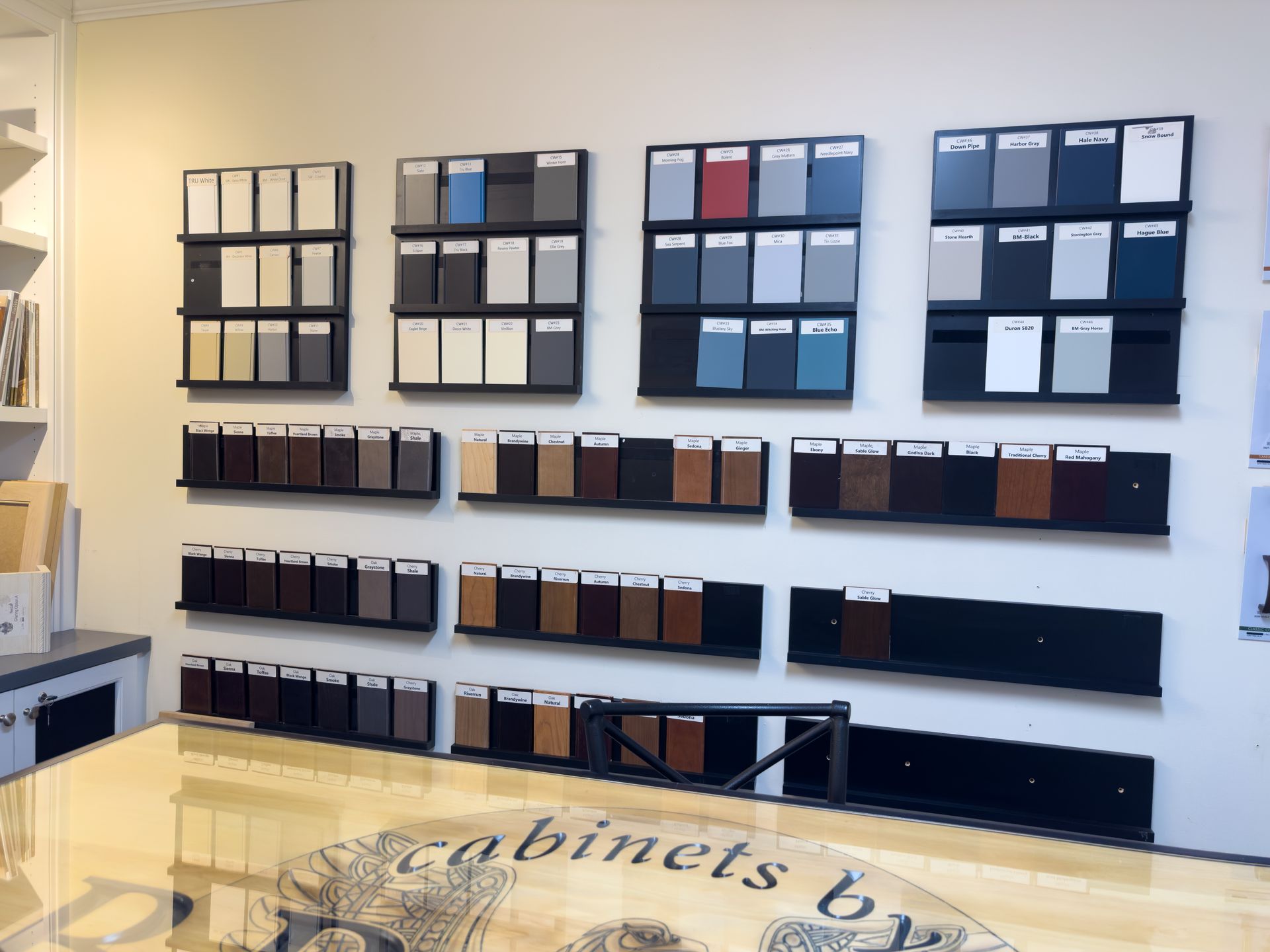 A cabinets by sign is on a table in a store