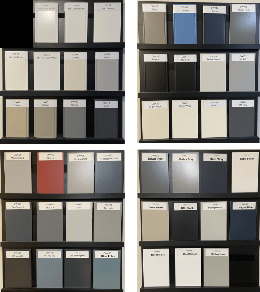 Four shelves filled with different colored tiles one of which has the letter p on it