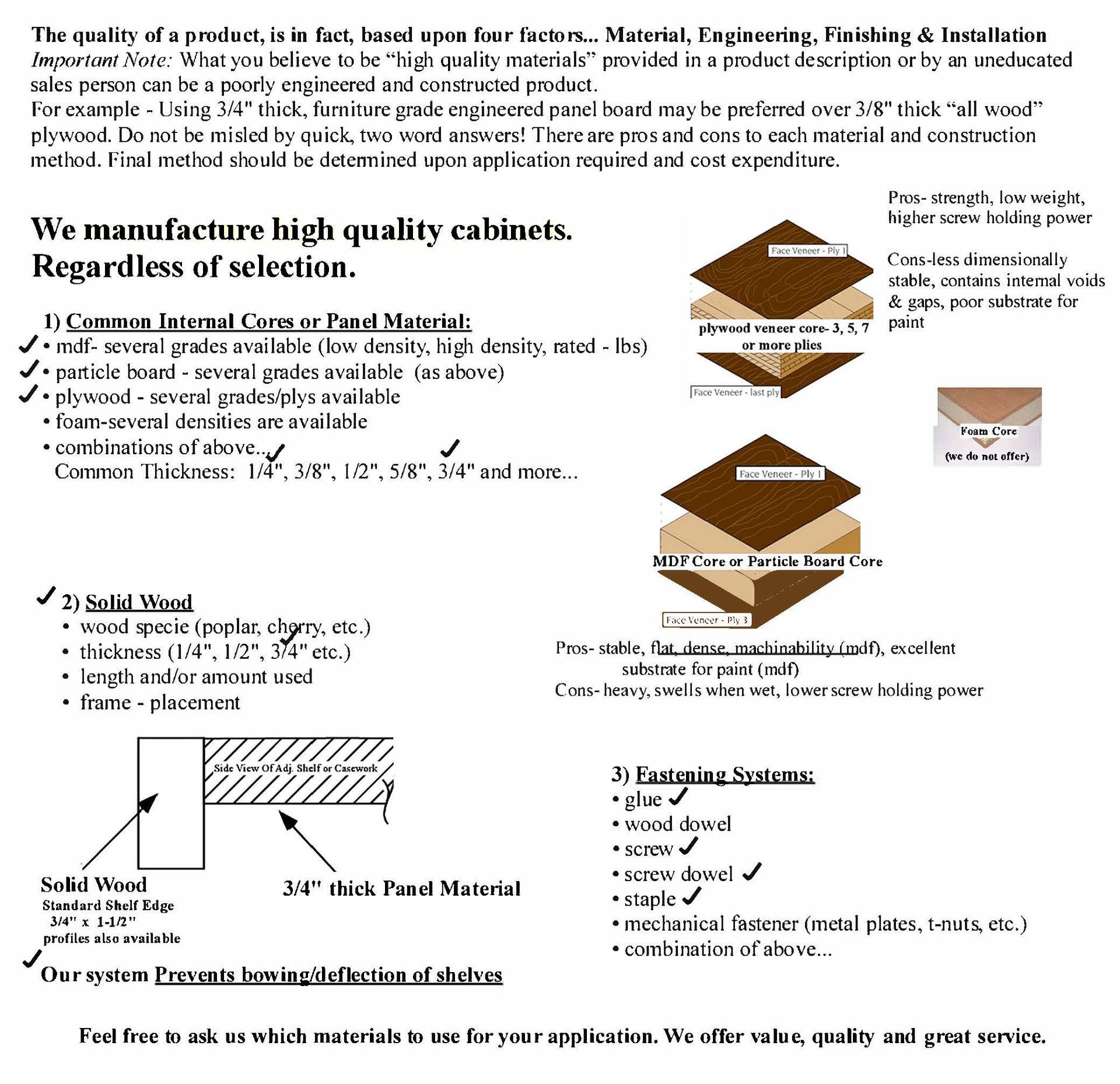 Wood cabinet construction guide with diagrams, bullet points, and dimension illustrations on a white page
