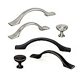A group of cabinet handles and knobs on a white background.