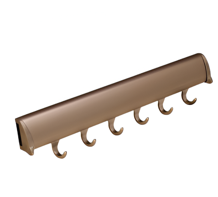 A brown metal item with hooks on it on a white background