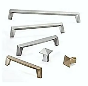 A group of stainless steel cabinet handles and knobs on a white background.