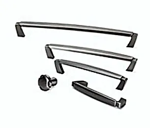 A set of black cabinet handles and knobs on a white background.