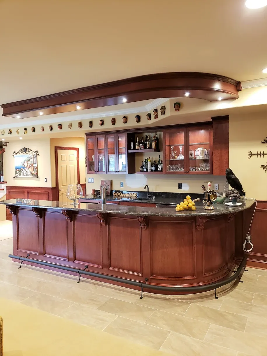 A kitchen with a large wooden counter top