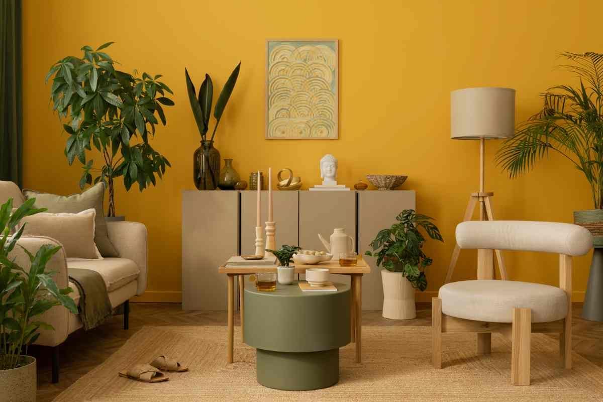 Trendy luxury home interior with bright yellow walls and green accents, and nature-inspired furniture and houseplants at Divine Interiors Group near Lakewood Ranch, Florida (FL)