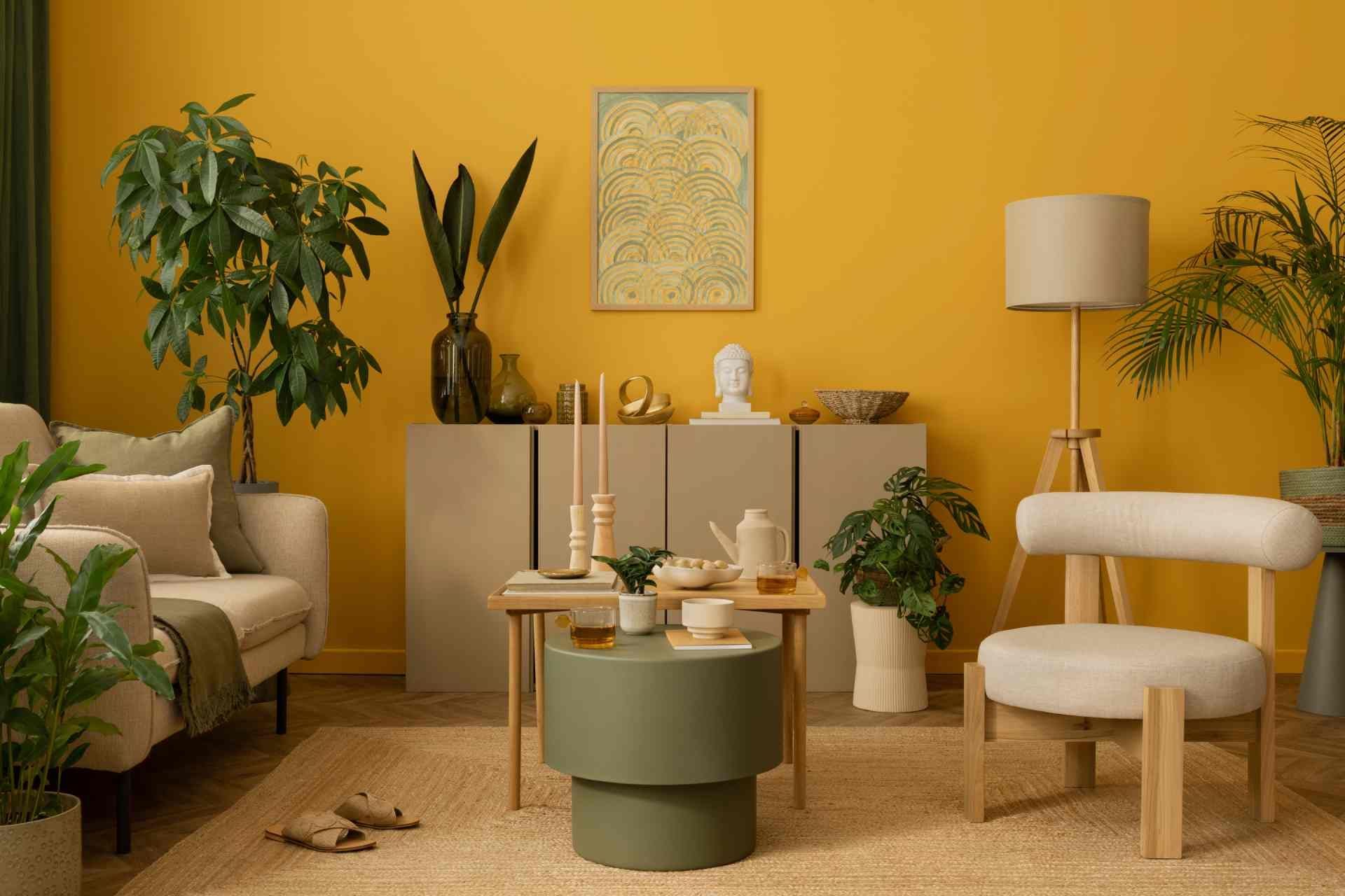 Trendy luxury home interior with bright yellow walls and green accents, and nature-inspired furnitu