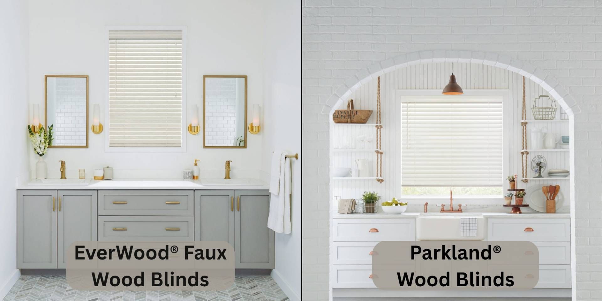 Comparison image of Hunter Douglas wood blinds vs. faux wood blinds in different rooms 