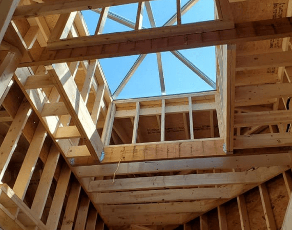 Interior view of a building's wooden frame