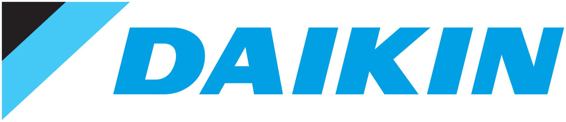 Daikin logo: Blue wordmark with a stylized shape and a black triangle on the left.