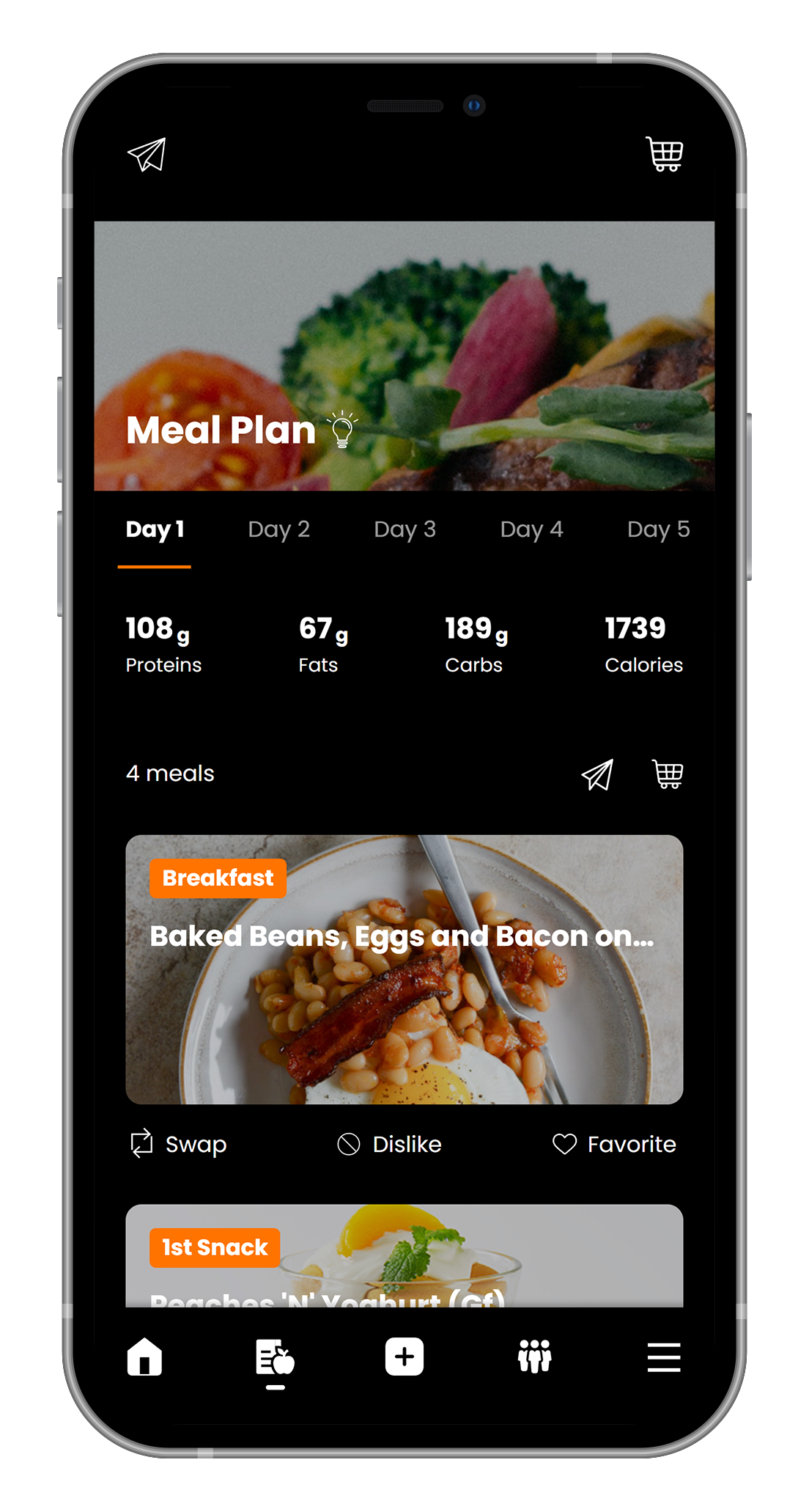 A cell phone with a meal plan app on it.