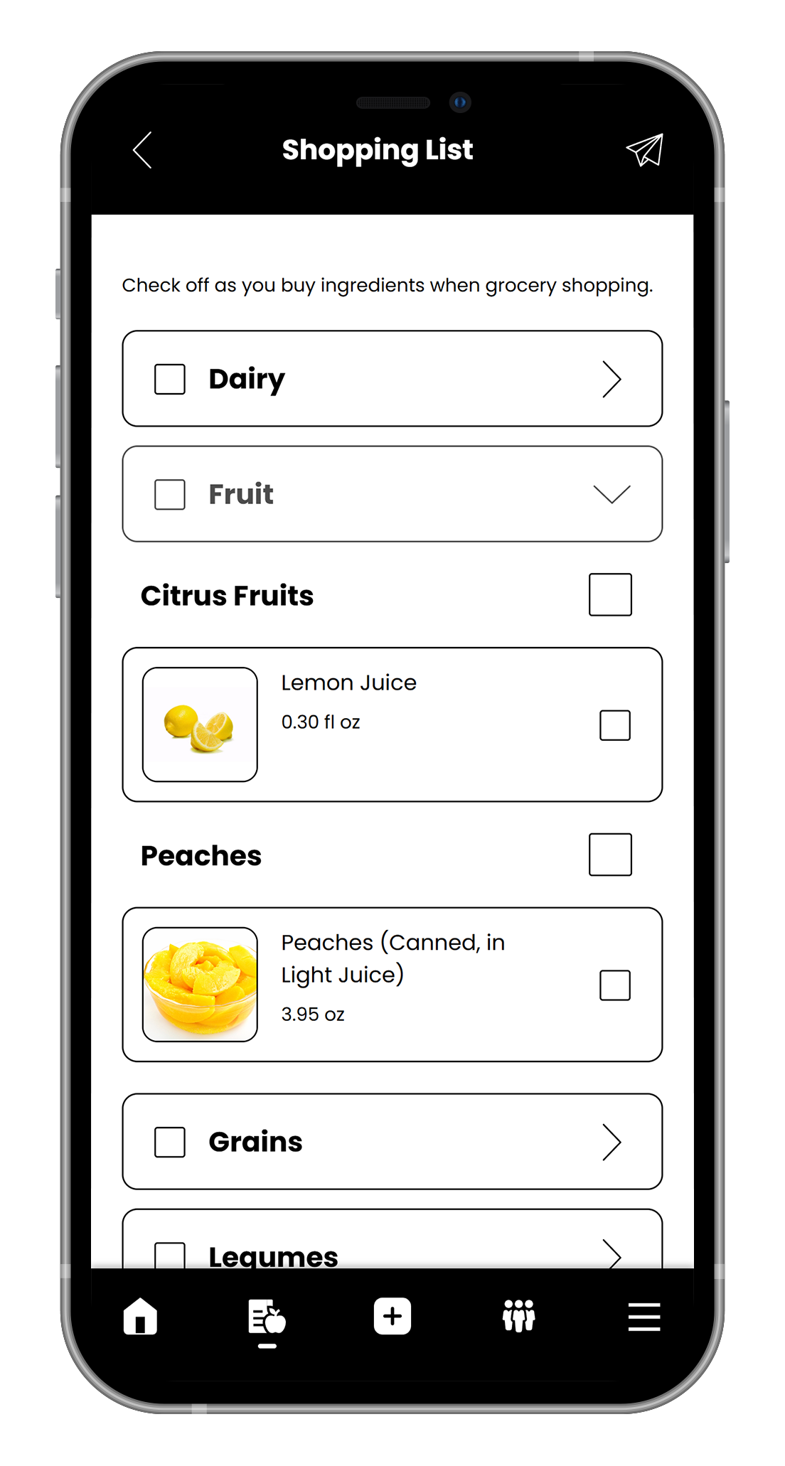 A cell phone with a list of fruits and vegetables on the screen.