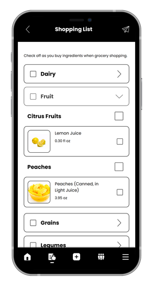 A cell phone with a list of fruits and vegetables on the screen.