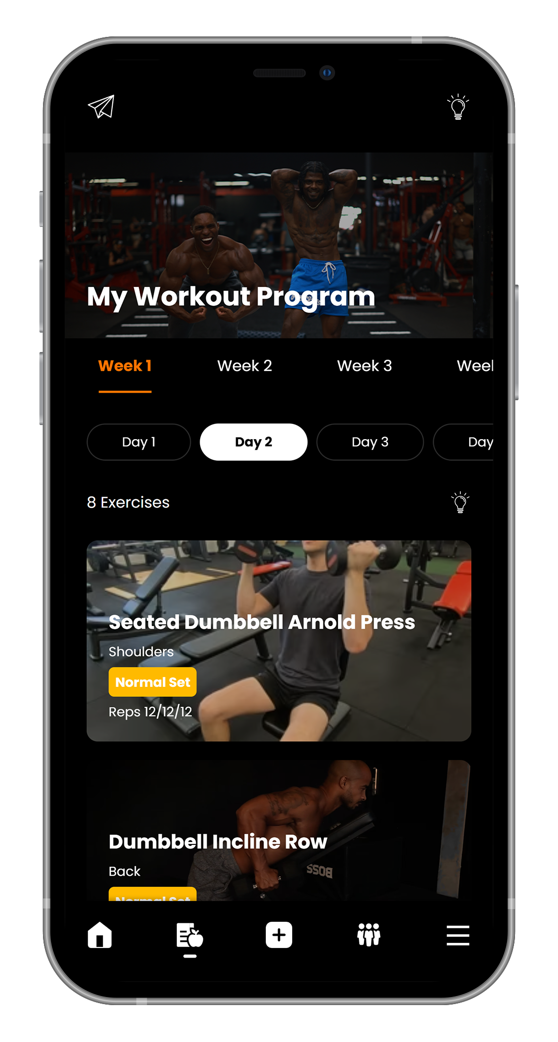 A cell phone with a workout program on the screen.