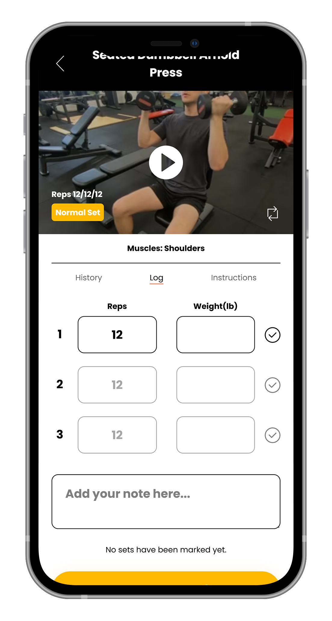 A phone screen shows a man lifting a dumbbell in a gym.