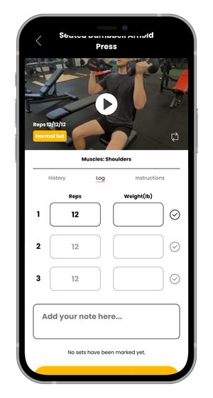 A phone screen shows a man lifting a dumbbell in a gym.