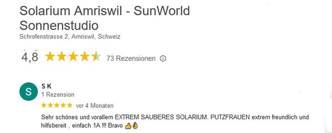 Google Kundenbewertung für Solarium Standort Amriswil