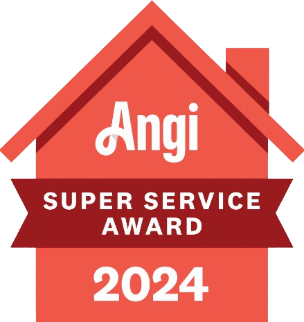 A red house with a red ribbon that says angi super service award 2024