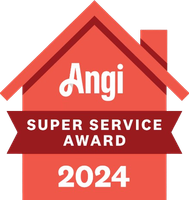 A red house with a red ribbon that says angi super service award 2024