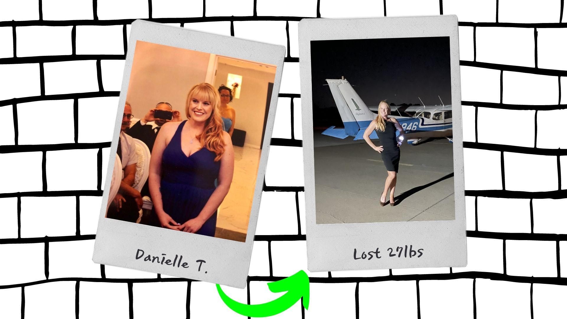 a picture of danielle t. next to a picture of a plane