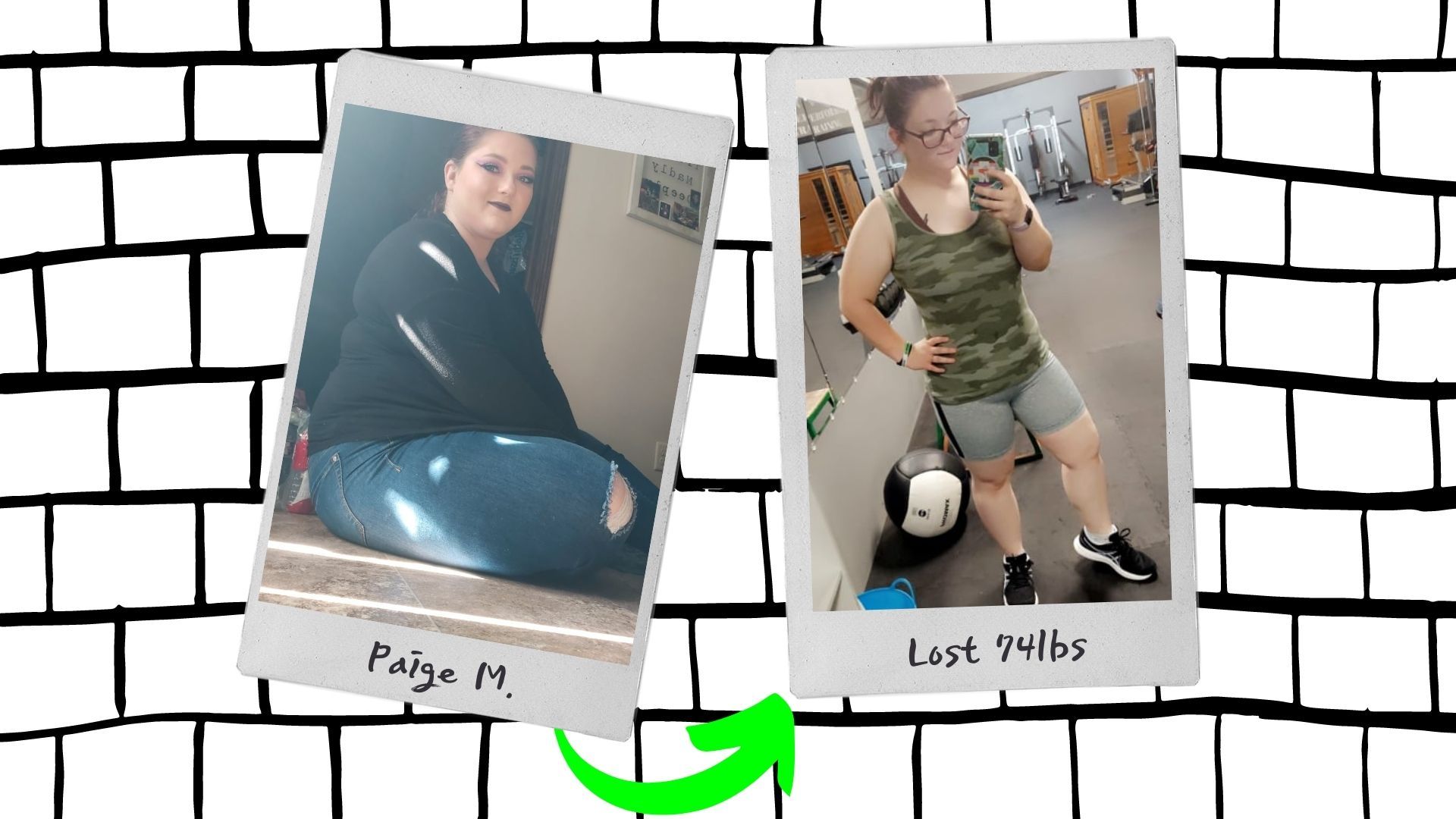a before and after photo of paige m.