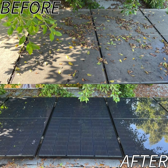 Before/after comparison: dirty, leaf-covered solar panels cleaned to shiny, black panels outdoors.