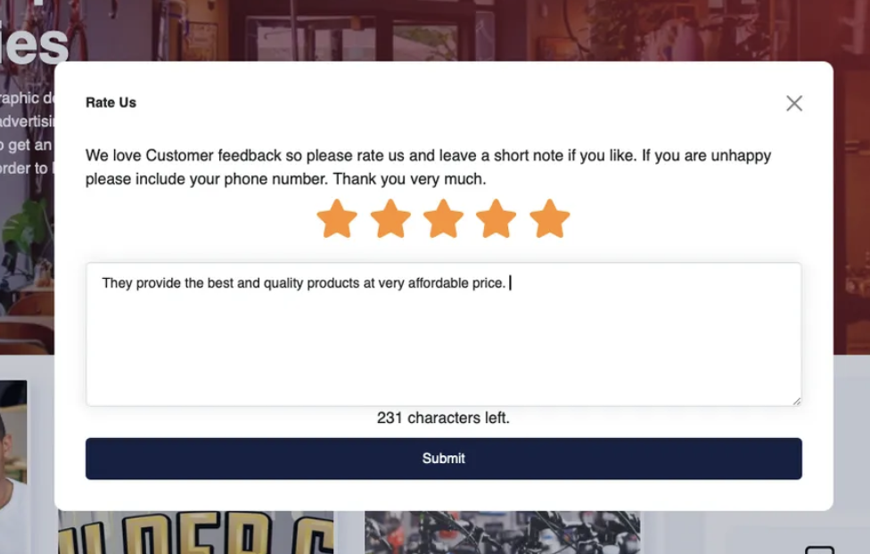 A screenshot of a website with a five star rating.