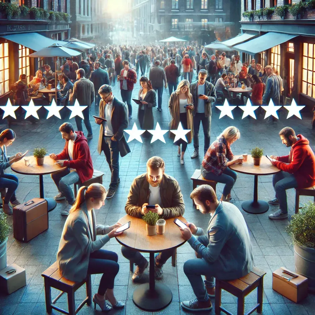 A group of people are sitting at tables looking at their phones
